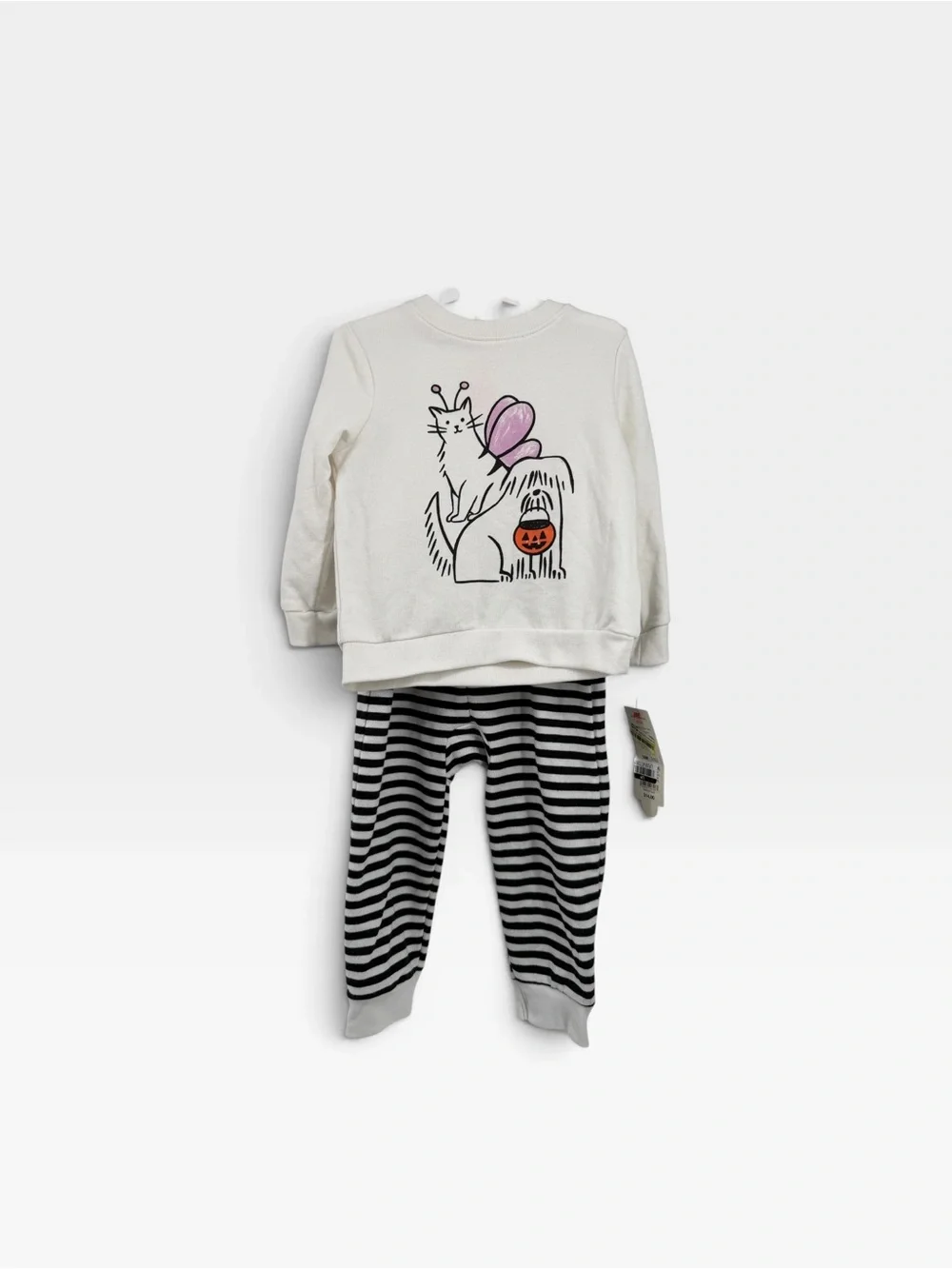 Kids Black Cat Hooded Sweatshirt & White Graphic Top Set-